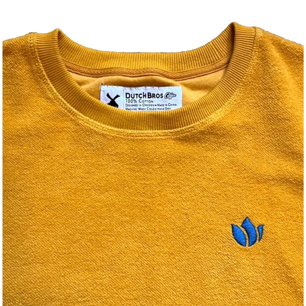 DUTCH BROS Brothers Coffee Mustard Yellow Fleece Terry Sweatshirt Logo Men's S